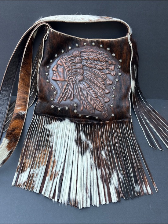 Raviani Studded Native American Fringe Crossbody Bag In Hair-On Cowhide EUC - Picture 16 of 17
